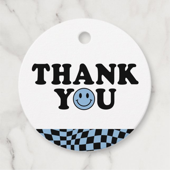 Étiquettes Cadeau à damiers Blue Preppy Smile Anniversaire Merci (Devant)