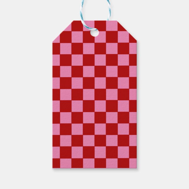 Étiquettes-cadeau à damiers rouge et rose chaud (Devant)