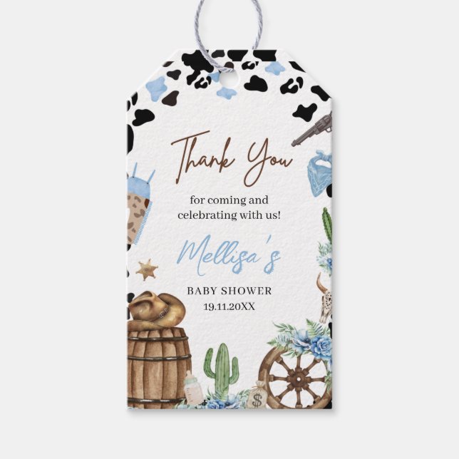 Étiquettes-cadeau A Little Cowboy Wild West Boy Blue Thank You Favor (Devant)