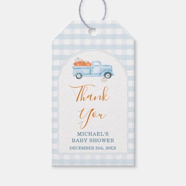 Étiquettes-cadeau A Little Pumpkin Blue Truck Gingham Baby Shower (Devant)