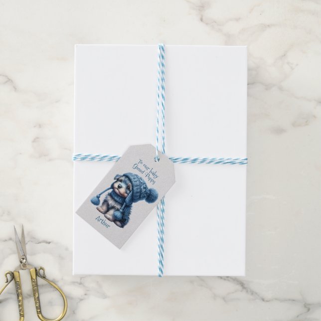 Étiquettes-cadeau À notre bébé Noël Grand Puppy (Avec de laficelle)
