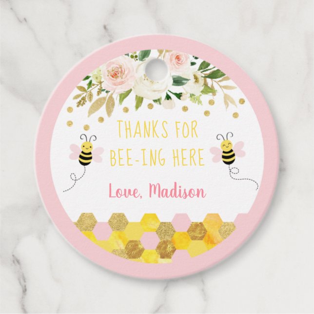 Étiquettes Cadeau Abee rose or Floral Merci d'anniversaire (Devant)