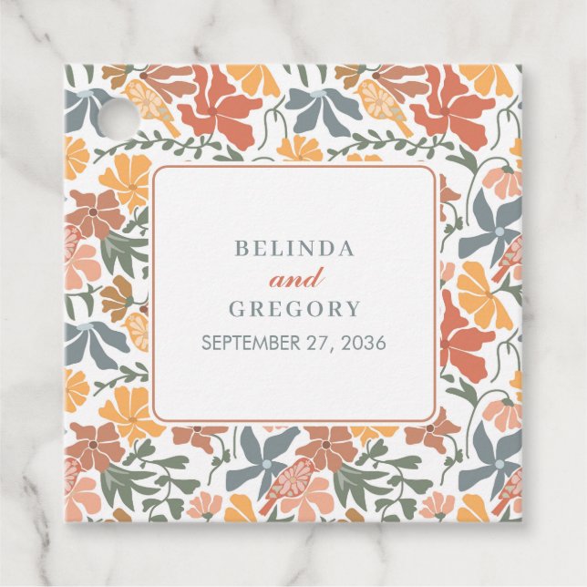 Étiquettes Cadeau Abstrait Floral & Oiseaux Mi-siècle Mariage modern (Devant)