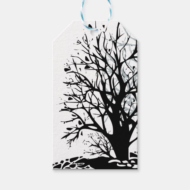 Étiquettes-cadeau Abstrait moderne arbre noir silhouette ombre blanc (Devant)