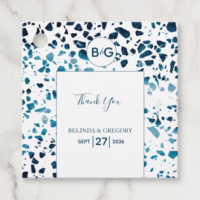 Étiquettes Cadeau Abstrait moderne Terrazzo Mosaic Bleu Mariage Cade (Devant)