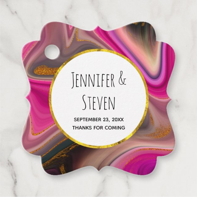 Étiquettes Cadeau Abstrait rose et noir avec perruques d'or (Devant)