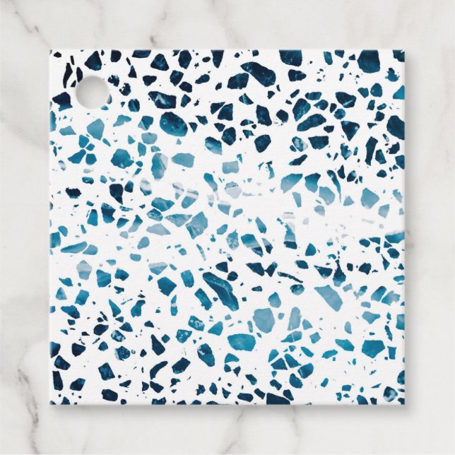 Étiquettes Cadeau Abstrait Terrazzo Mosaic Marine et Motif bleu clai (Devant)