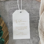 Étiquettes-cadeau Accueil Mariage de calligraphie or Delicy<br><div class="desc">Ces étiquettes de bienvenue mariage de calligraphie or délicates sont parfaites pour un mariage moderne. Le design minimaliste romantique présente une belle et élégante typographie de champagne jaune doré sur un arrière - plan blanc au look épuré et simple. Personnalisez les étiquettes avec l'emplacement de votre mariage, une brève note...</div>