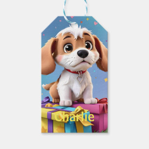 Étiquettes-cadeau Adorable chiot marron et blanc avec des cadeaux co