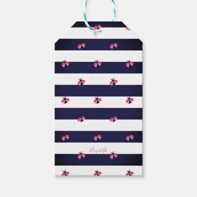 Étiquettes-cadeau Adorable Ladybird Navy Blue Stripes (Devant)