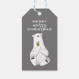 Étiquettes-cadeau Adorable Ours blanc polaire avec petit cadeau vert