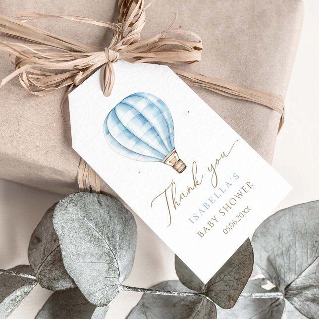 Étiquettes-cadeau Adventure Await Blue Hot Air Balloon Baby shower (Créateur téléchargé)