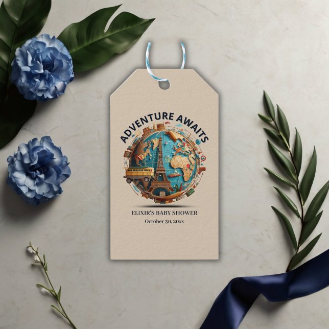 Étiquettes-cadeau Adventure Await Modern Globe Baby shower (Créateur téléchargé)