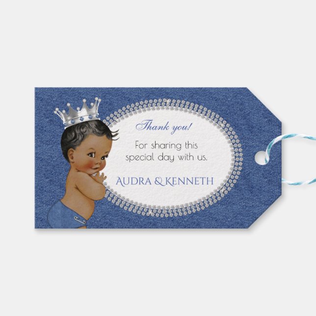 Étiquettes-cadeau African American Baby Boy Denim & Diamonds Crown (Devant (Horizontal))