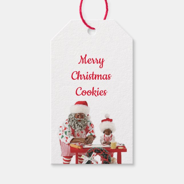 Étiquettes-cadeau Afrique Américaine Père Noël Baking Cookies Noël (Devant)