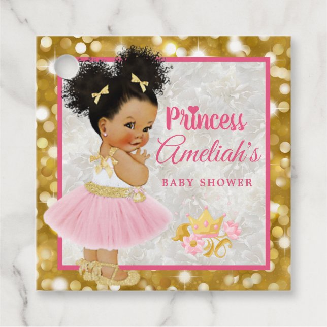 Étiquettes Cadeau Afro Princess Ballerina Baby Girl Pink|Gold Fancy (Devant)