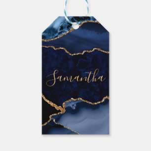Étiquettes-cadeau Agate Marbre Bleu Marine et Paillettes de Faux Or