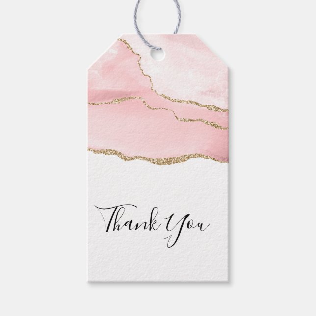 Étiquettes-cadeau Agate rose vierge avec ruban d'or Élégant Merci (Devant)