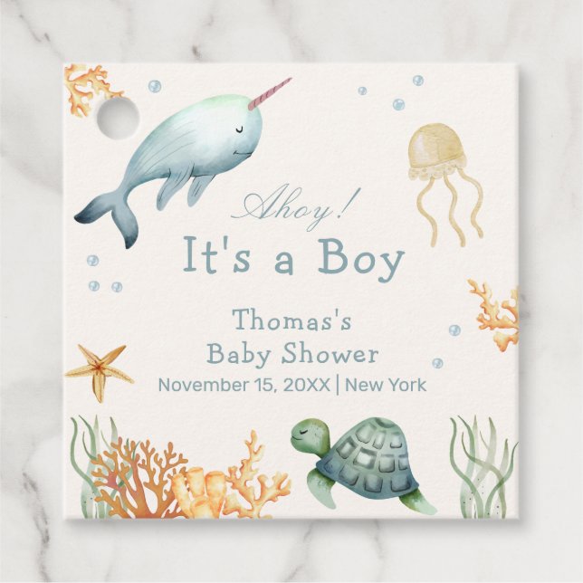 Étiquettes Cadeau Ahoy Neutre Sous Le Baby shower Des Baleines De Me (Devant)