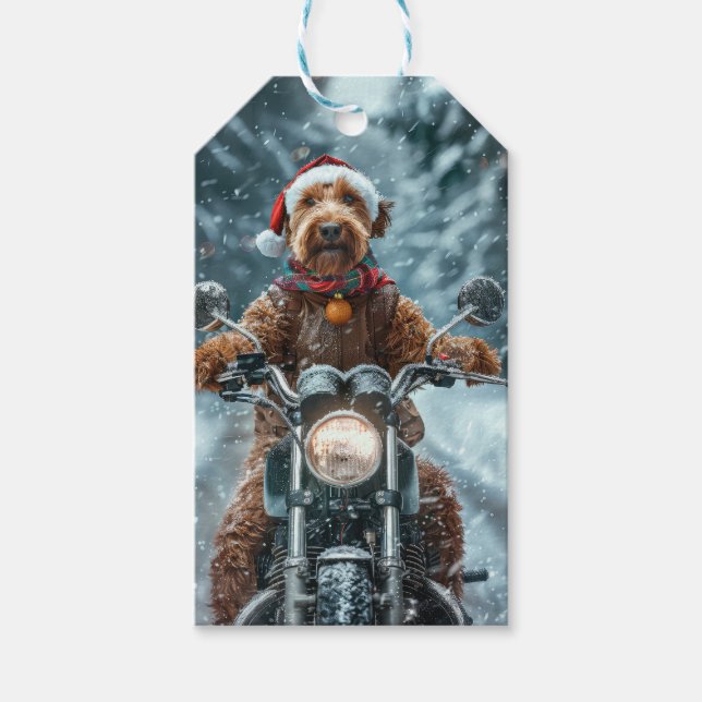 Étiquettes-cadeau Airedale Chien équitation Moto Noël (Devant)