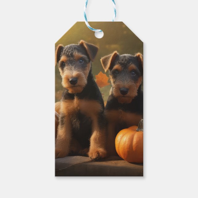Étiquettes-cadeau Airedale Chiot Automne Citrouille délice (Devant)