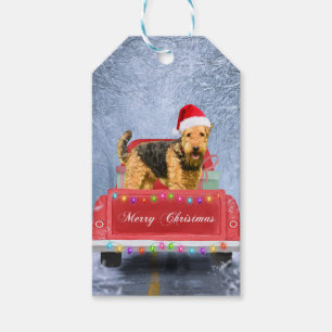 Étiquettes-cadeau Airedale Terrier Chien en Neige assis à Noël