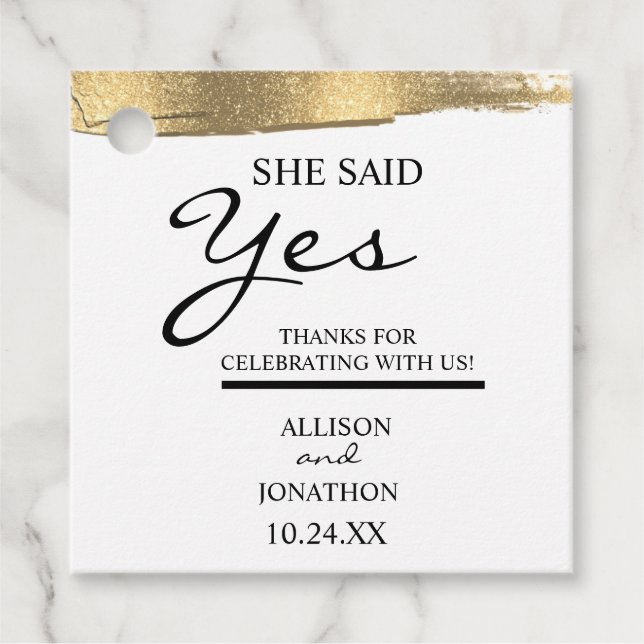 Étiquettes Cadeau Ajouter nom elle a dit oui paillettes or invitatio (Devant)