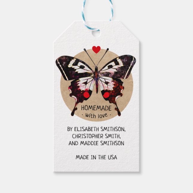 Étiquettes-cadeau Ajouter Votre Nom Papillon & Coeur Fait Maison Ave (Devant)