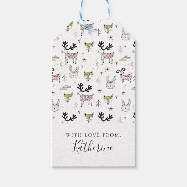 Étiquettes-cadeau Ajoutez votre nom | Joli Doodle animal en bois (Devant)