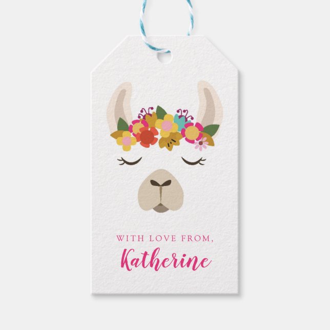 Étiquettes-cadeau Ajoutez votre nom | Motif Alpaca & Fleurs (Devant)
