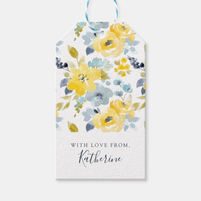 Étiquettes-cadeau Ajoutez votre nom | Motif d'aquarelle jaune et ble (Devant)