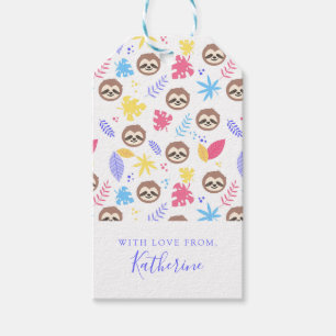 Étiquettes-cadeau Ajoutez votre nom Tropical Sloth & Motif Feuille