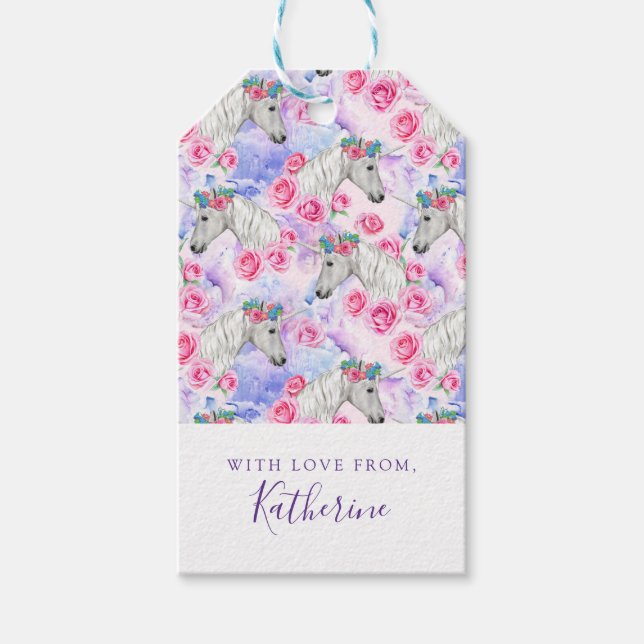 Étiquettes-cadeau Ajoutez votre nom | Unicornes et Motif Rose (Devant)