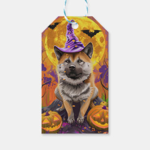Étiquettes-cadeau Akita effrayant Halloween Sorcière et Citrouille