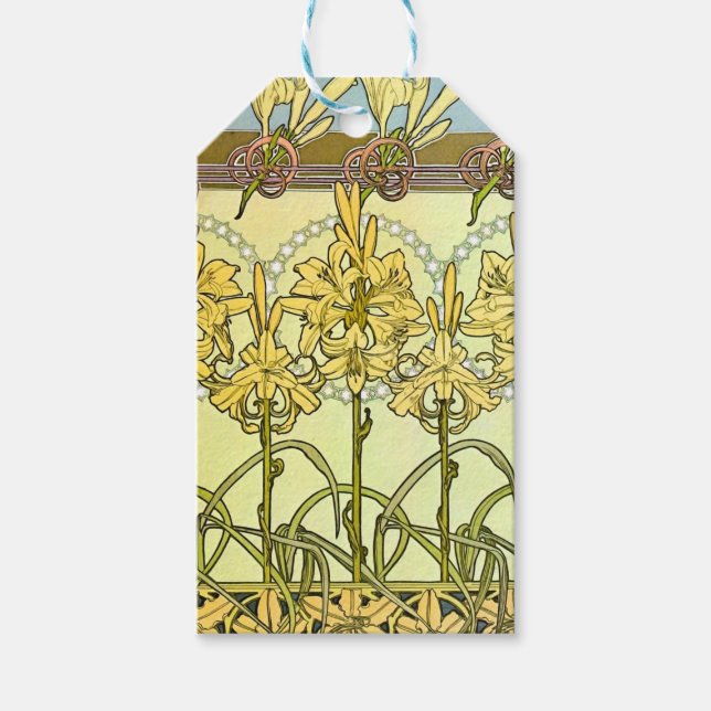 Étiquettes-cadeau Alfonse Mucha Art Nouveau Lily motif floral (Devant)