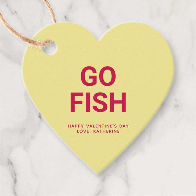 Étiquettes Cadeau Allez pêcher drôle coeur jaune mignon Saint Valent (Devant)