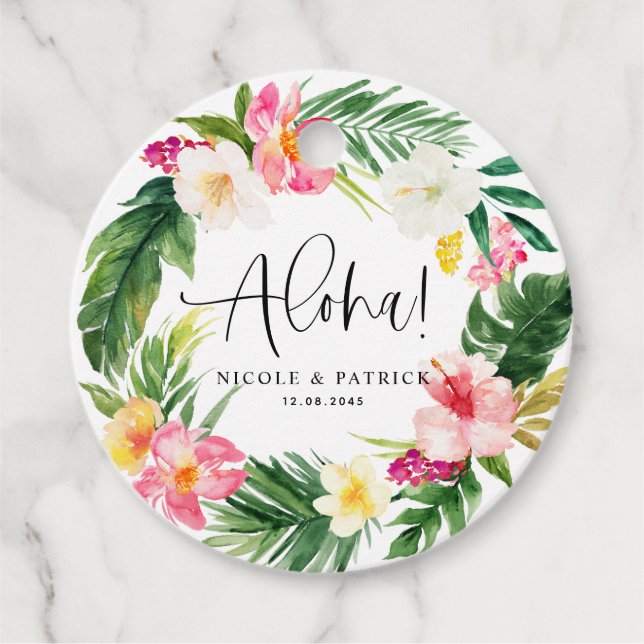 Étiquettes Cadeau Aloha Fleurs tropicales et Mariage de verdure (Devant)