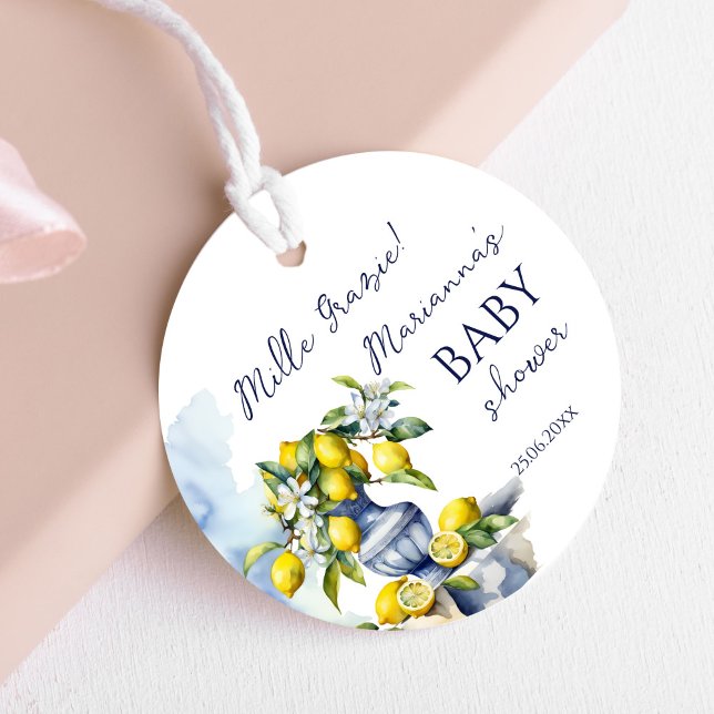 Étiquettes Cadeau Amalfi Vase bleu italien citron baby shower imprim (Amalfi Italian vintage blue vase and lemons baby shower printed thank you Favor Tags )