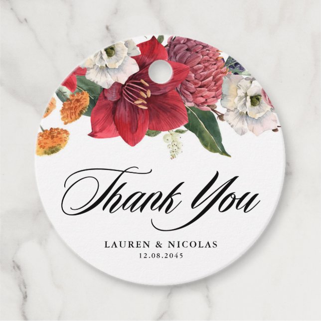 Étiquettes Cadeau Amaryllis botanique et mamans Mariage Merci (Devant)