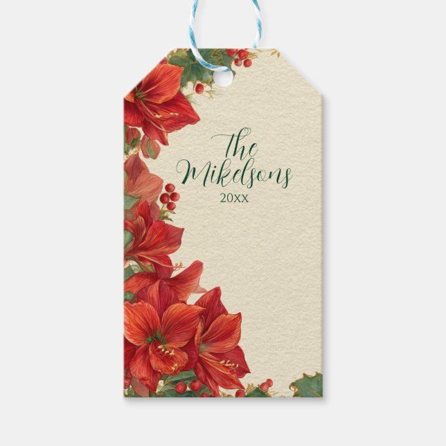 Étiquettes-cadeau Amaryllis Rouge Rustique Noël (Devant)