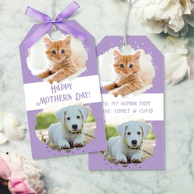 Étiquettes-cadeau Amateurs d'animaux de compagnie mignons Personnali (Cute Pet Lovers Personalized Two Photos Purple Gift Tags)