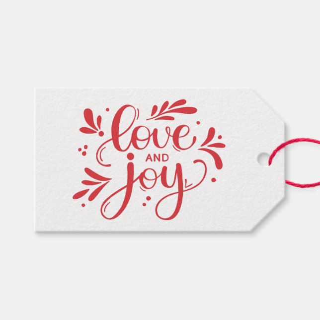 Étiquettes-cadeau Amour et joie. Calligraphie de Noël rouge (Devant (Horizontal))