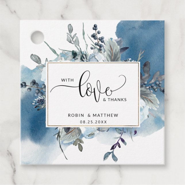 Étiquettes Cadeau Amour et Merci, Aquarelle Bleue et Floral (Devant)