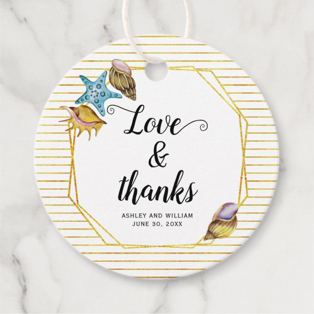 Étiquettes Cadeau Amour et merci aquarelle coquillages plage mariage (Devant)