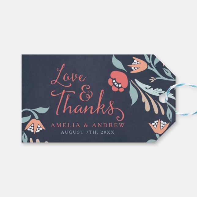 Étiquettes-cadeau Amour et Merci Bluish Chalkboard Floral Mariage (Devant (Horizontal))