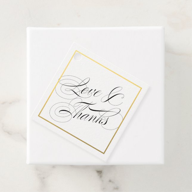 Étiquettes Cadeau Amour et Merci Élégant Script Faux Gold Border (En situation)