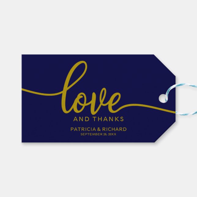 Étiquettes-cadeau Amour et Merci - Gold Navy Blue Wedding Favor (Devant (Horizontal))