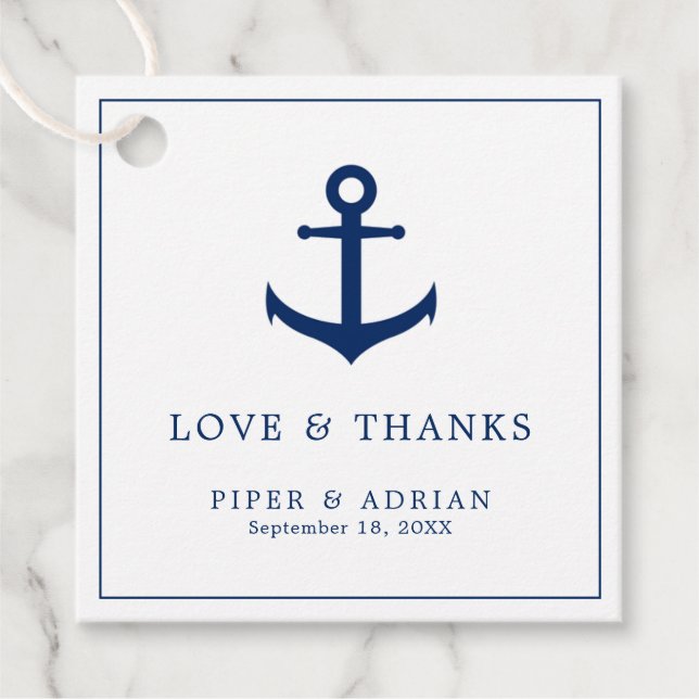 Étiquettes Cadeau Amour et merci Nautical Navy Blue Ancre Mariage (Devant)