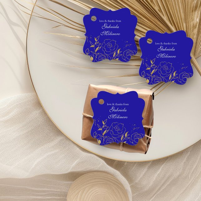 Étiquettes Cadeau Amour et Merci Royal Blue et Gold Floral (Favor Tags from my Elegant Gold Flowers Quinceanera Collection)