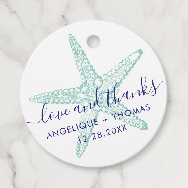 Étiquettes Cadeau Amour et Merci Starfish Plage Turquoise Mariage (Devant)